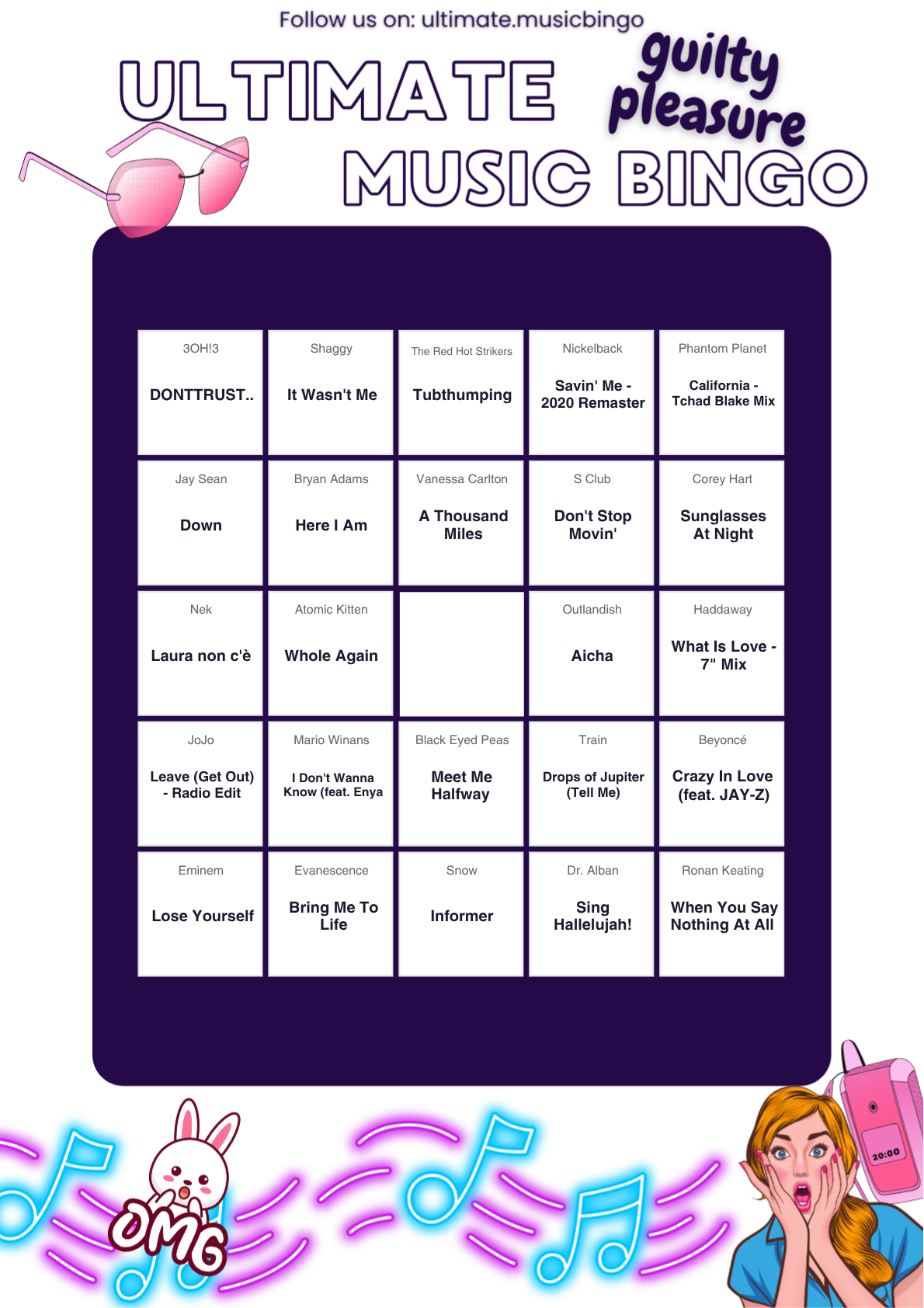 Guilty Pleasure Hits Music Bingo